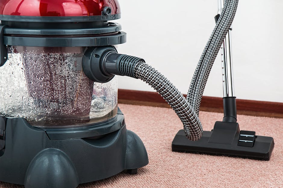 Close-up of a carpet cleaning vacuum cleaner, featuring a transparent dust container filled with debris and a flexible, patterned hose attached to the motor unit, positioned on a front room carpet with a pinkish hue. The vacuum's base rests on the carpet, with the hose extending towards a floor cleaning head with a black base and adjustable height controls, both indicating recent deep cleaning or surface maintenance by Carpet Cleaners Clapham. The setting is well-lit, highlighting the clean, dust-free carpet and the modern appearance of the cleaning tools in a residential environment.